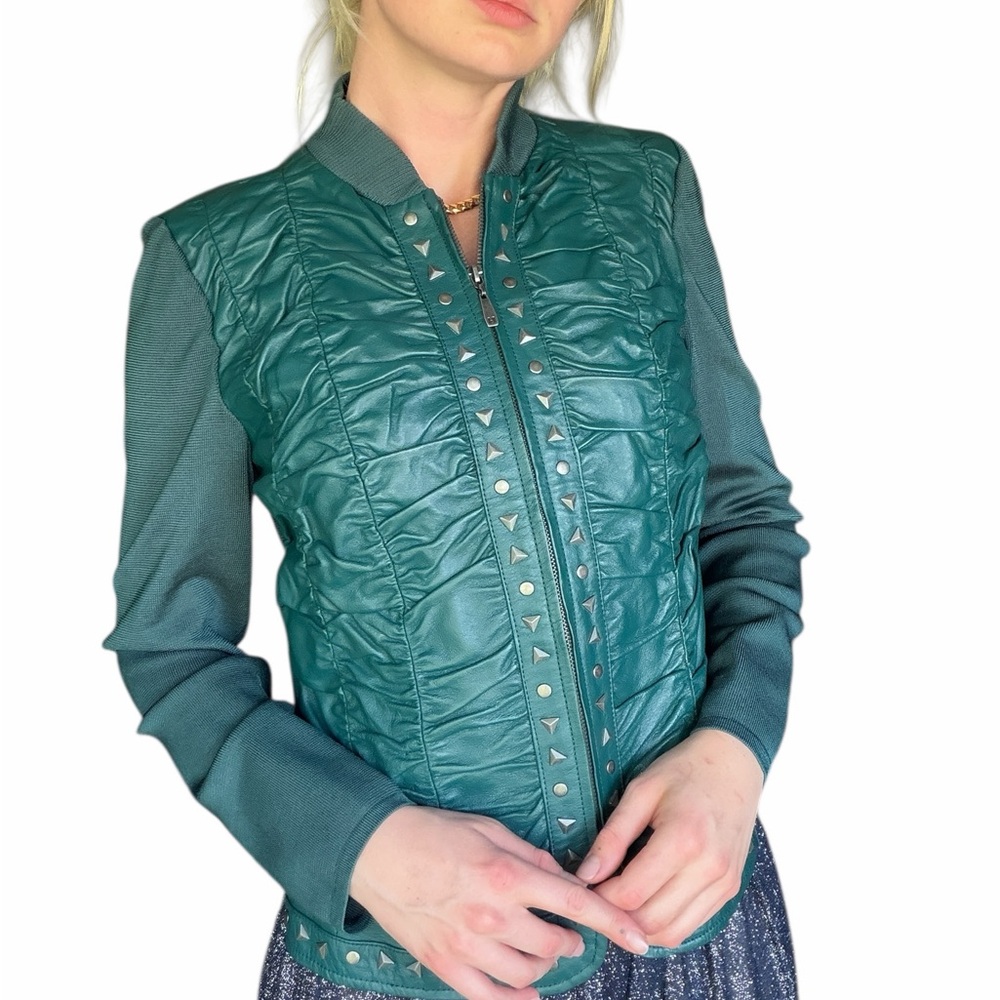 Peter Nygard Teal Quilted Stud-Trim Bomber Jacket
